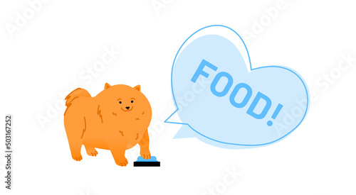 Dog training vector illustration concept.Small dog pushing on a button with pre-recorded message. Template in flat style