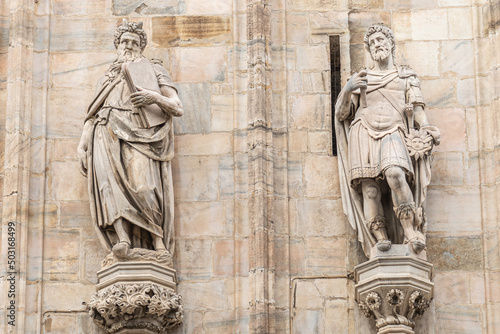 The statue of Moses and Kig David on Milano Cathedral or Duomo, is the cathedral church of Milan, Lombardy, Italy. Dedicated to the Nativity of St Mary (Santa Maria Nascente)