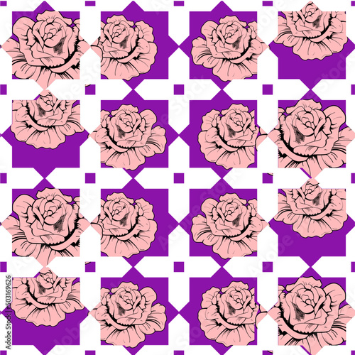 pattern seamless geometric design with violet flowers and figures.