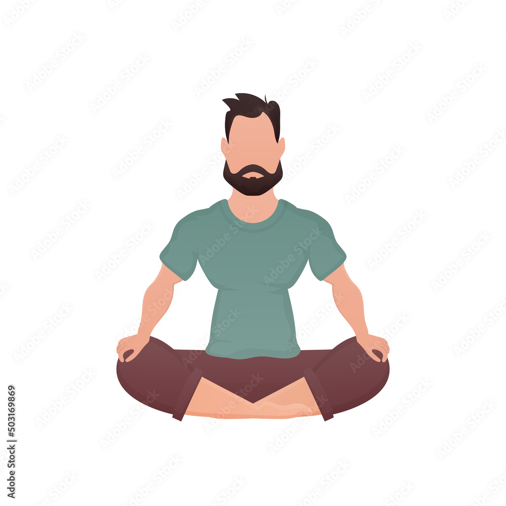 A guy with a strong physique is sitting and doing yoga. Isolated. Cartoon style.