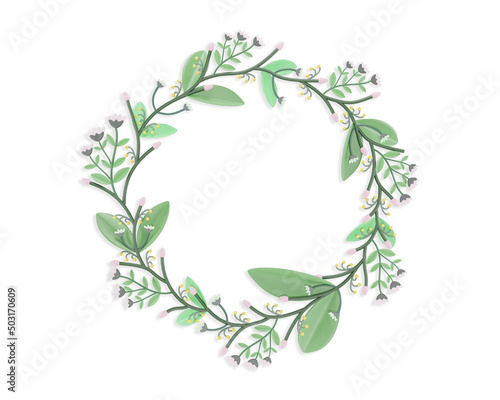 Realistic 3d render wreath paper flowers, Bouquet green leaf circle ring. botanical background isolated on a white, round wreath, blank greeting card 3D illustration with clipping path.