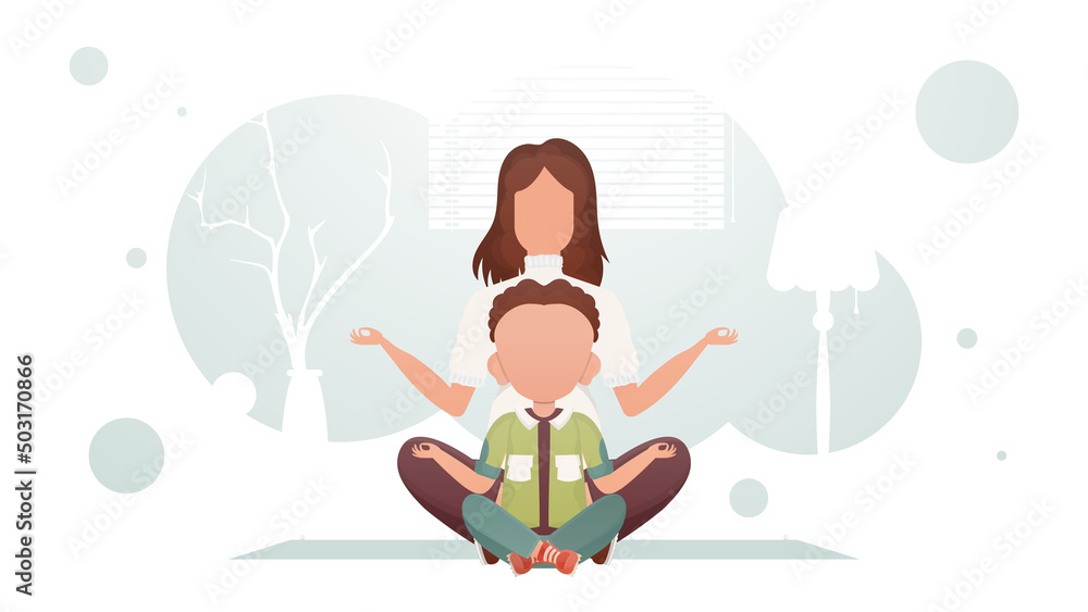 Mom and little son are sitting in the room doing yoga. Yoga. Cartoon style. Mom and little son are sitting in the room doing yoga. Yoga. Cartoon style.