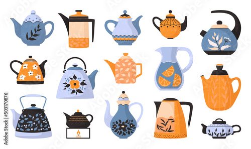 Teapots and kettles. Kitchen electric, ceramic and glass teakettles. Cute crockery for warm household. Isolated tableware set. Drinks utensil. Teatime elements. Flat vector illustration