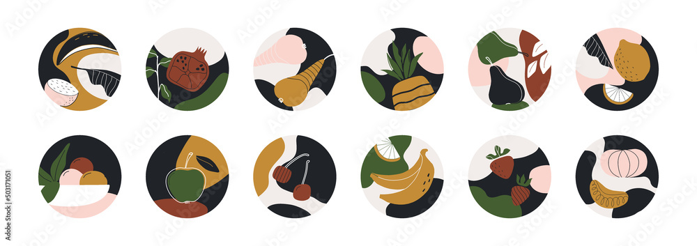 Organic shapes social covers. Circle banners with trendy figures for stories and posts. Abstract fruits and leaves. Doodle minimalistic plants. Vector account highlight elements set Organic shapes social covers. Circle banners with trendy figures for stories and posts. Abstract fruits and leaves. Doodle minimalistic plants. Vector account highlight elements set