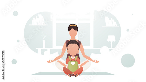 Mom and son are sitting meditating in the lotus position. Meditation. Cartoon style.