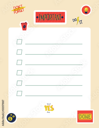 Planner stickers. To do list. Cute marks for kids notebook. Cartoon journal blank page. Diary or organizer sheet. Important tasks. Agenda and reminder. Vector trendy checklist design