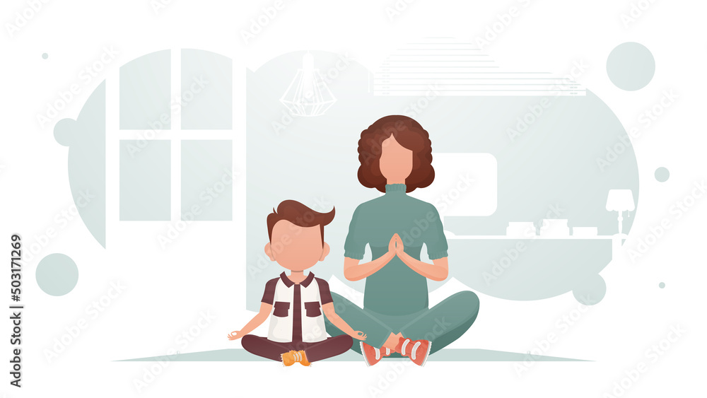 Mom and son are sitting and doing yoga. Yoga. Cartoon style.