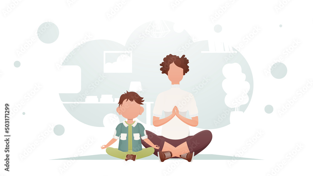 Mom and son are sitting and doing yoga. Meditation. Cartoon style.
