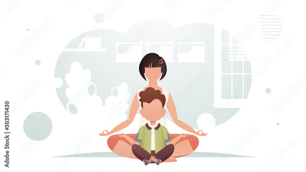 Mom and son are sitting in a room in the lotus position. Meditation. Cartoon style.