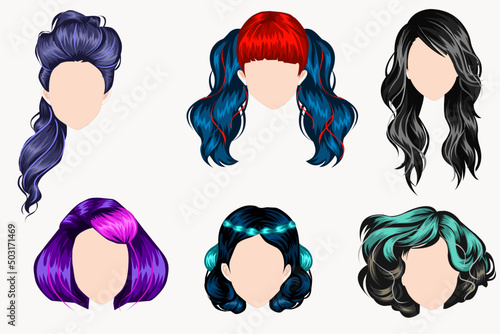 Women hairstyle ideas 6 icons collection Vector.stylish haircuts for girls of different ethnicity, hair types, colors and length.