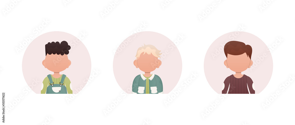 Set of portraits of little boys with different hairstyles. Isolated. Set of portraits of little boys with different hairstyles. Isolated.