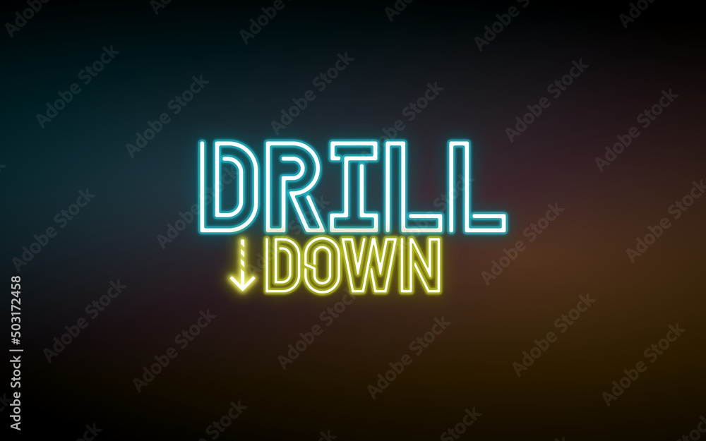 Neon style presentation heading saying 'drill down' in blue and yellow color on a dark background. Useful for corporate or company presentation. 