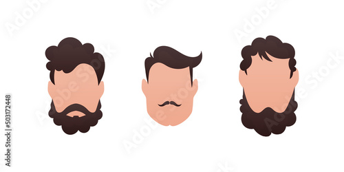 Set Faces of men with different hairstyles. Isolated on white background. Vetkaran illustration.