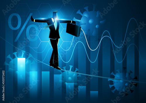 Businessman walking on tightrope on graphic chart during pandemic
