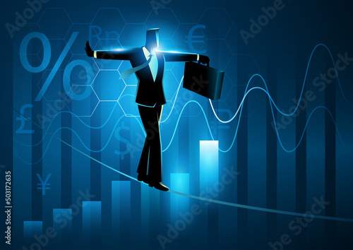 Businessman walking on tightrope on graphic chart and currency symbols