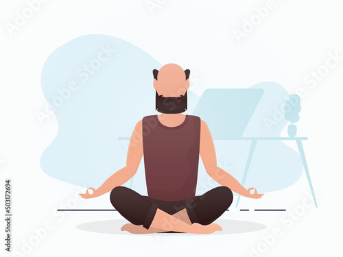 A man sits in a room doing meditation. Yoga. Cartoon style.