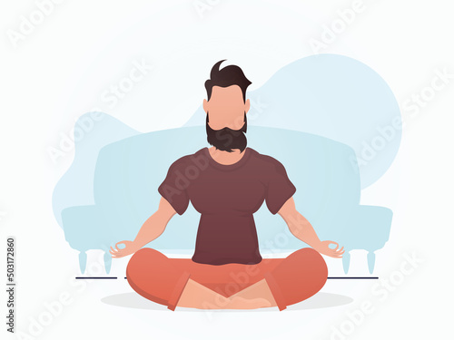 A guy with a strong physique sits meditating in the lotus position. Yoga. Cartoon style.