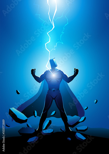 Superhero electrically charged by thunder strike