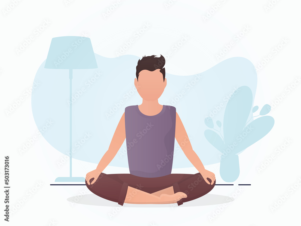 A man sits meditating in the lotus position. Meditation. Cartoon style.