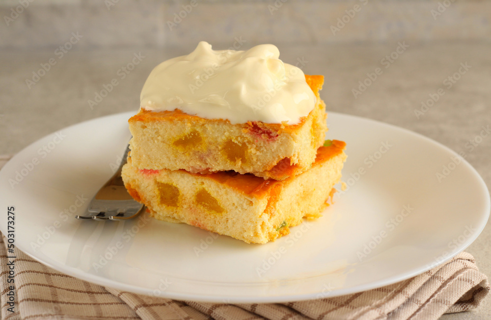 Sweet cheesecake with fruit with sour cream Sweet cheesecake with fruit with sour cream
