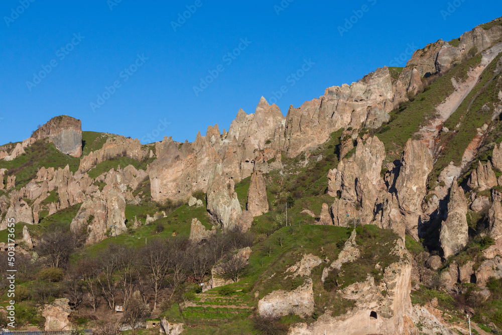 Top view of the town of Goris and the Medieval Goris Cave Dwellings on its outskirts. Armenia