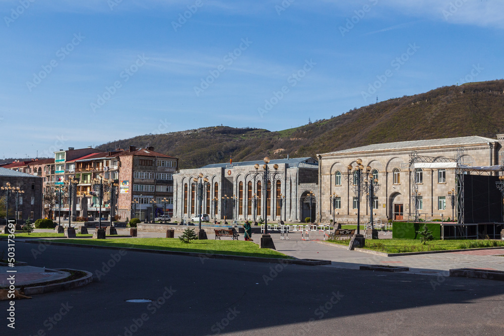View of the central square in the town of Goris in the morning. Armenia