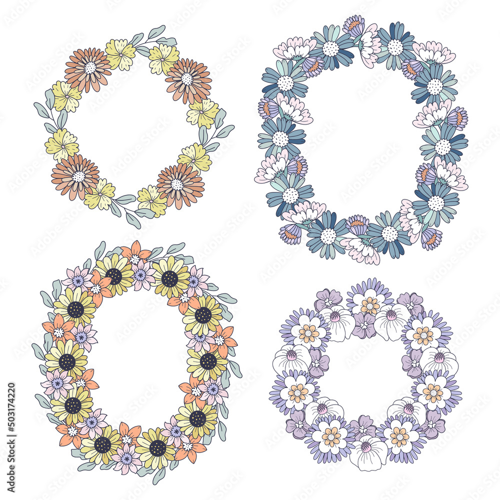 Set of floral wreaths isolated on white background. Vector frame design for greeting cards or invitations. Liberty style