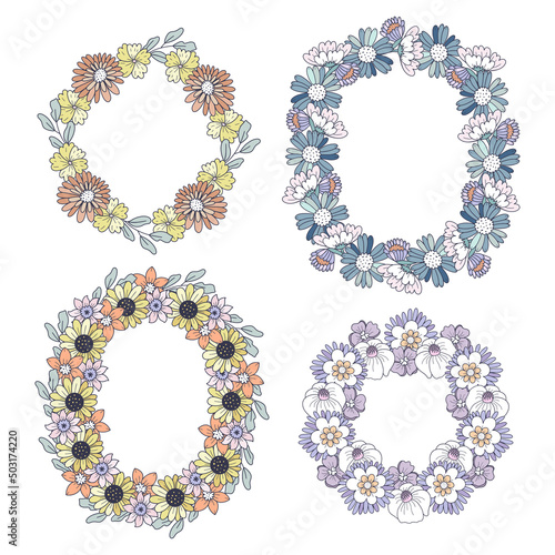 Set of floral wreaths isolated on white background. Vector frame design for g...