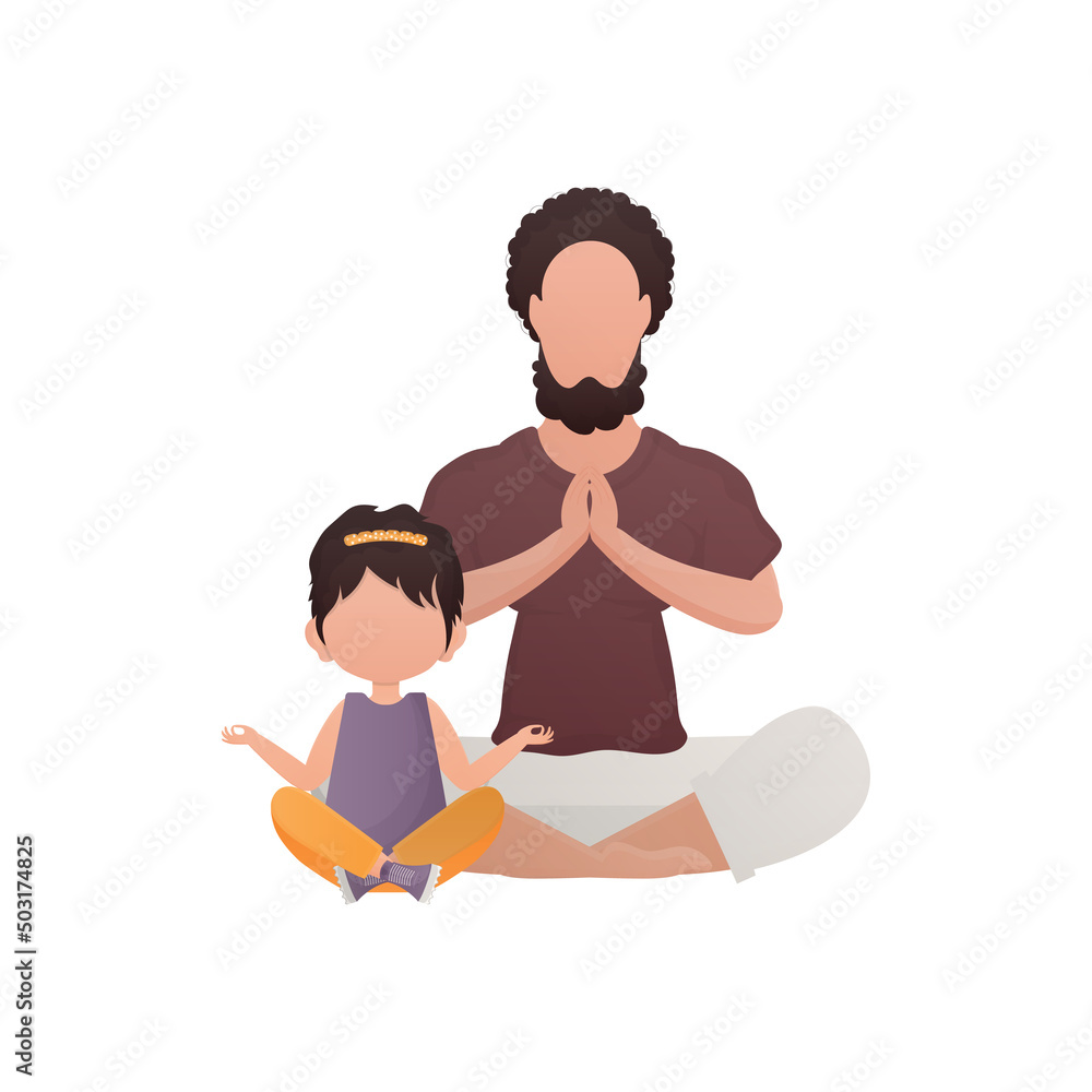 Dad and little daughter are sitting doing meditation. Isolated. Cartoon style. Dad and little daughter are sitting doing meditation. Isolated. Cartoon style.