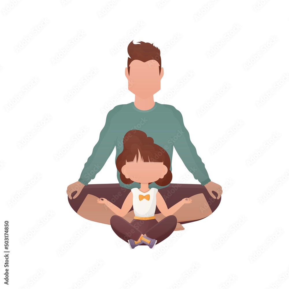 Dad with a little daughter are sitting doing yoga in the lotus position. Isolated. Cartoon style.