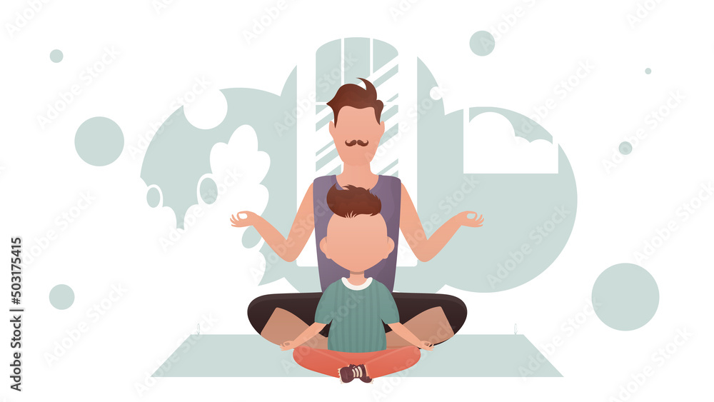 Dad and little son are sitting in the lotus position. Yoga. Cartoon style. Dad and little son are sitting in the lotus position. Yoga. Cartoon style.