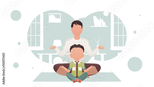 Dad with little son are sitting meditating in the room. Yoga. Cartoon style.