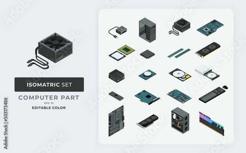 Computer Part Isometric Set Template Illustration. contain machine education hardware motherboard, cpu, processor, chip, memory, microchip, ram, drive, fan, system, hdd, microprocessor, cooler. Eps 10