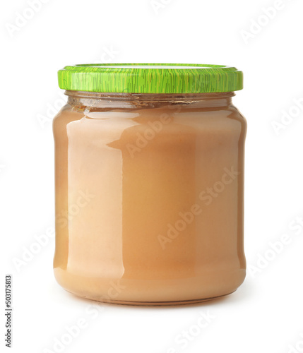 Front view of unlabeled apple puree glass jar