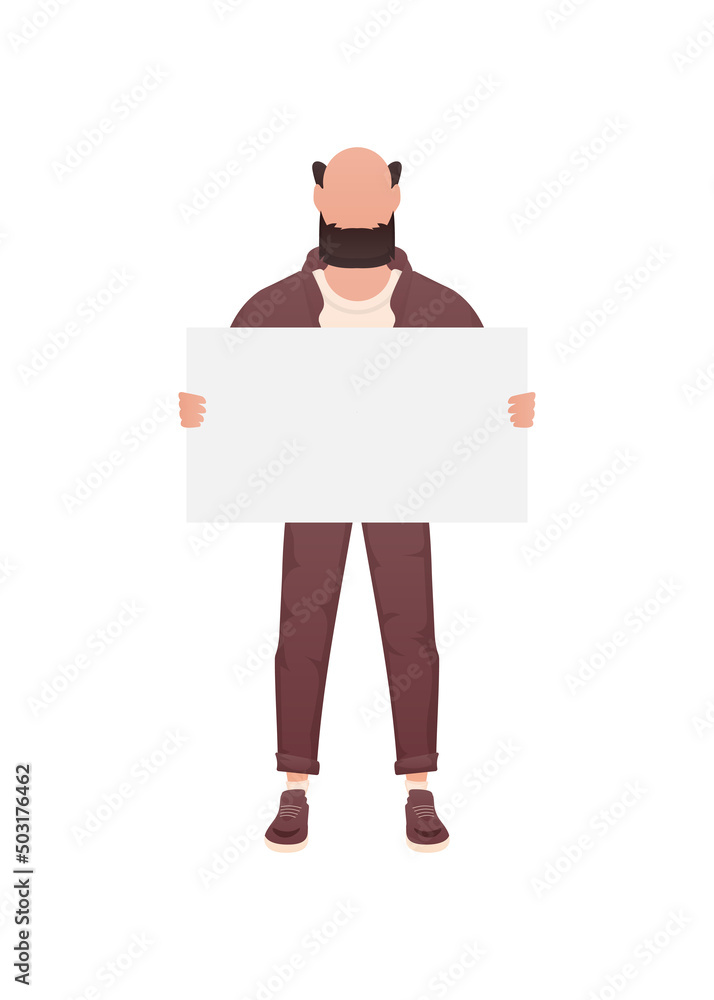 A guy of a strong physique in full growth and holds an empty banner in his hands. Isolated. Cartoon style.