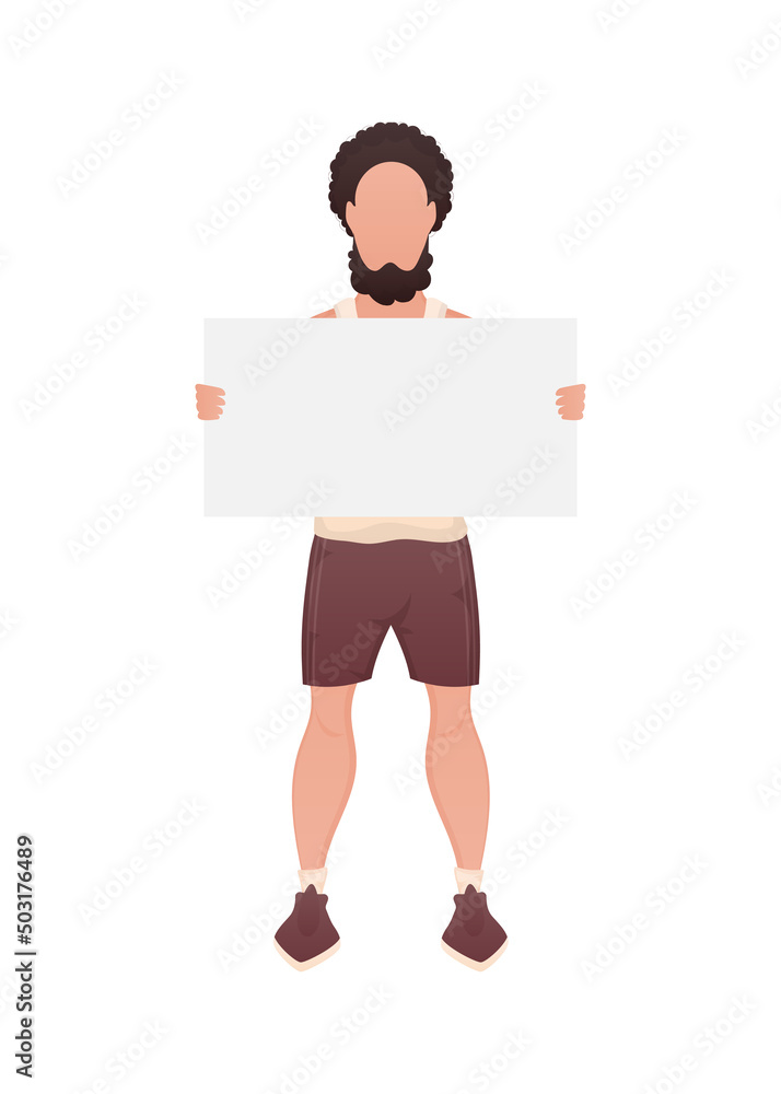 A guy of strong physique in full growth and holds an empty sign in his hands. Isolated. Cartoon style. A guy of strong physique in full growth and holds an empty sign in his hands. Isolated. Cartoon style.