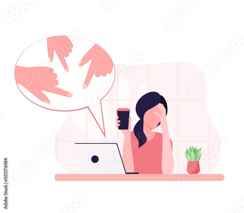 People s hands point to the girl. It is a non-confident woman. People s opinion and the pressure of society. Shame. Flat vector Flat Vector