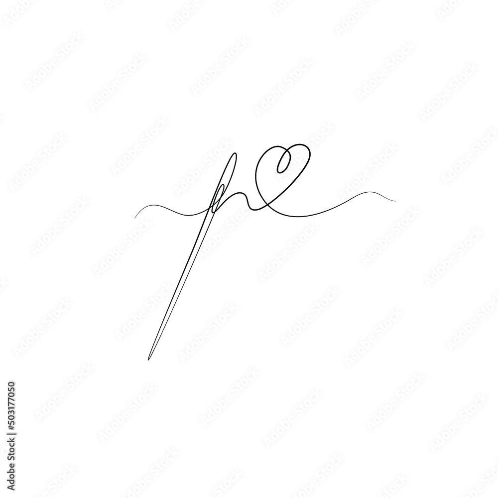 Heart and needle, sewing, greeting card, continuous line drawing, small tattoo, print for clothes and logo design, heart isolated abstract vector illustration. Heart and needle, sewing, greeting card, continuous line drawing, small tattoo, print for clothes and logo design, heart isolated abstract vector illustration.