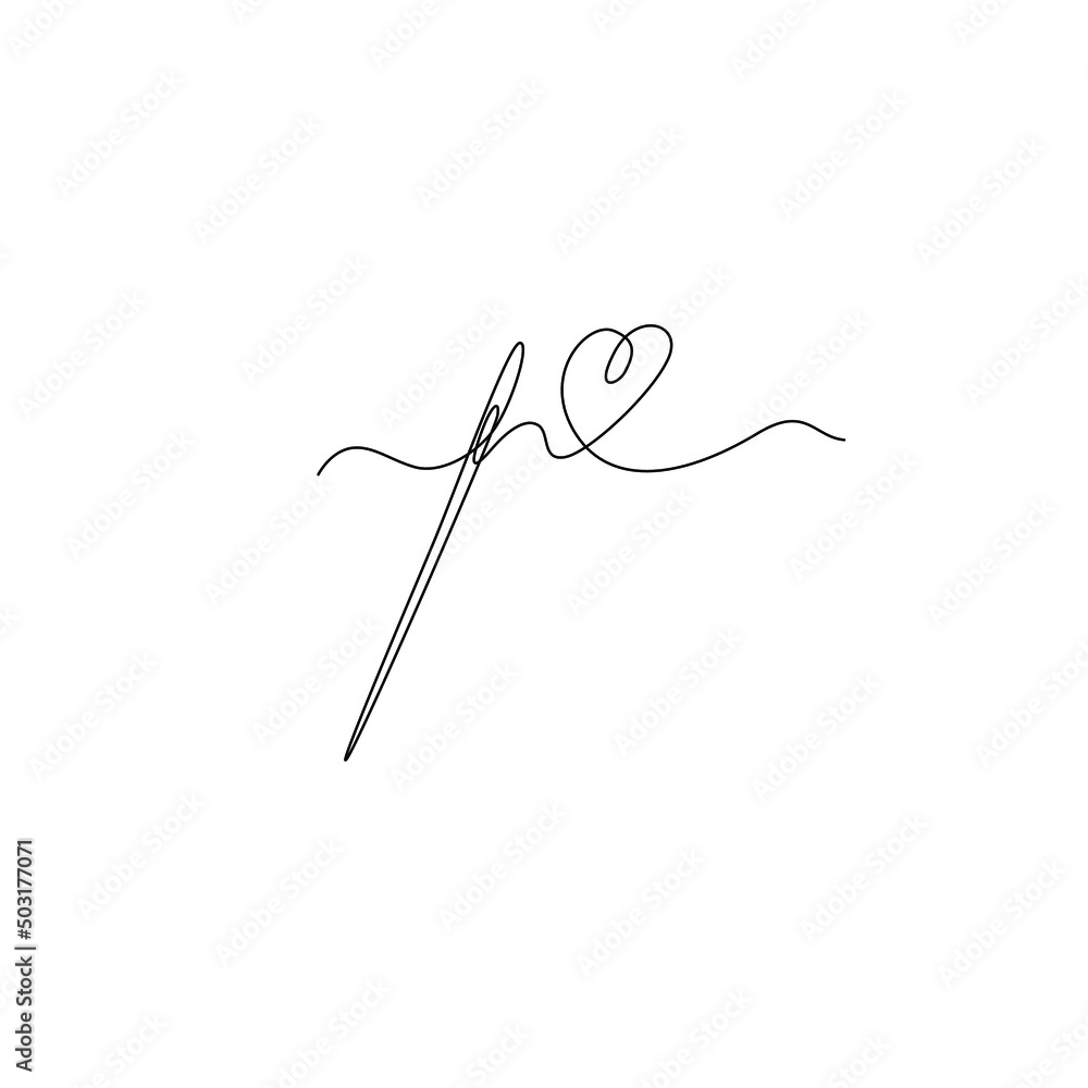 Needle and thread, Heart sewing, greeting card, continuous line drawing, small tattoo, print for clothes and logo design, heart isolated abstract vector illustration. Needle and thread, Heart sewing, greeting card, continuous line drawing, small tattoo, print for clothes and logo design, heart isolated abstract vector illustration.