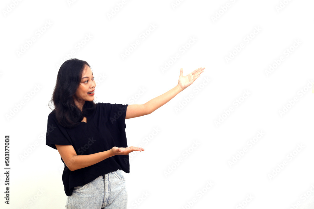 cheerful young Asian business woman isolated on white background, Presentation concept cheerful young Asian business woman isolated on white background, Presentation concept