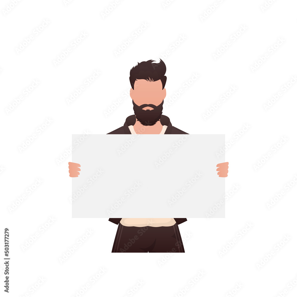 A young strong guy stands waist-deep and holds an empty banner in his hands. Isolated. Cartoon style. A young strong guy stands waist-deep and holds an empty banner in his hands. Isolated. Cartoon style.