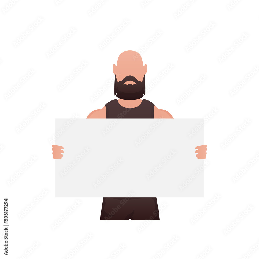 A man of athletic build holds an empty space for advertising in his hands. Isolated. Cartoon style. A man of athletic build holds an empty space for advertising in his hands. Isolated. Cartoon style.