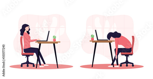 professional burnout syndrome. Happy and Tired girl sits bored with his head down on the laptop. Frustrated worker mental health problems. Vector long work day illustration
