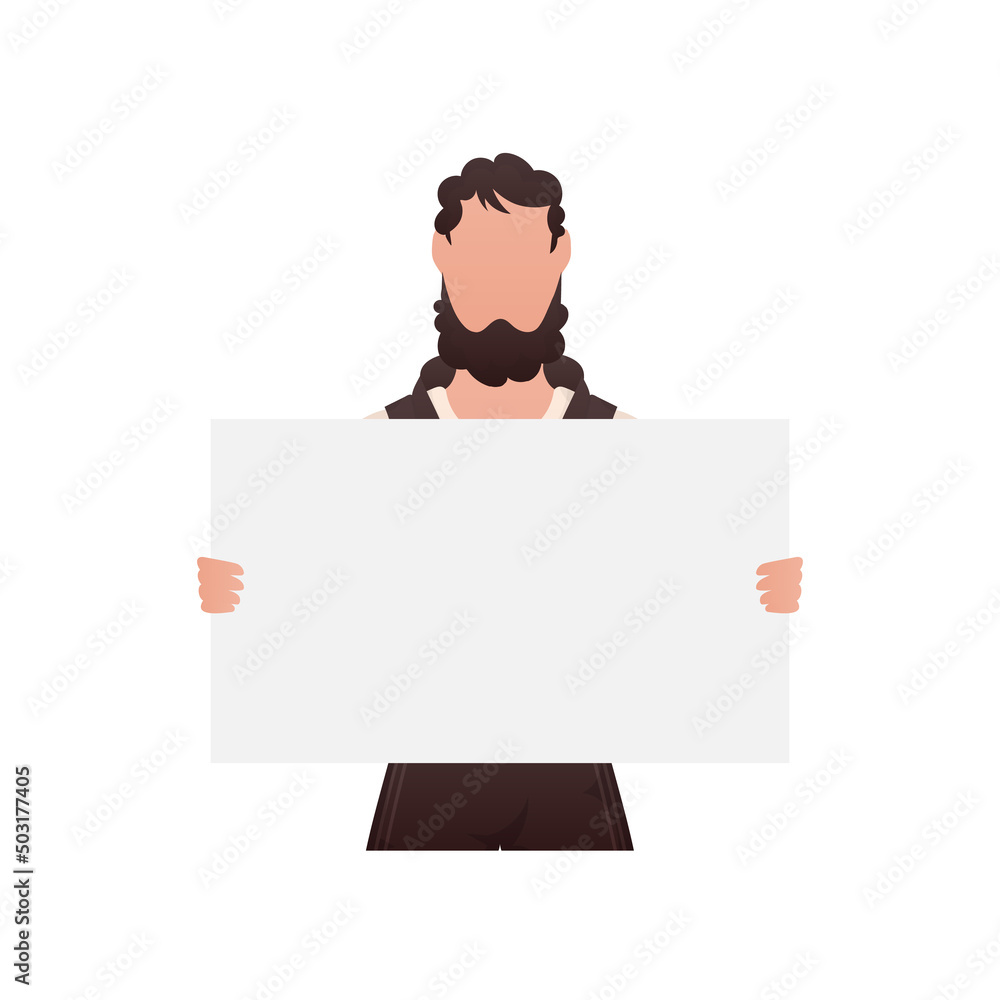 A man of athletic build stands waist-deep and holds an empty sign in his hands. Isolated. Cartoon style. A man of athletic build stands waist-deep and holds an empty sign in his hands. Isolated. Cartoon style.