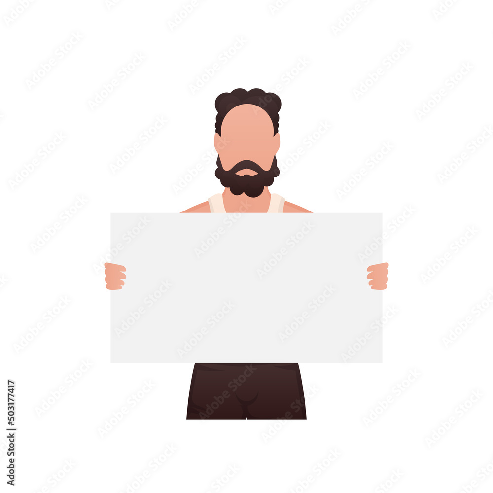 A man of athletic build stands waist-deep and holds an empty banner in his hands. Isolated. Cartoon style.