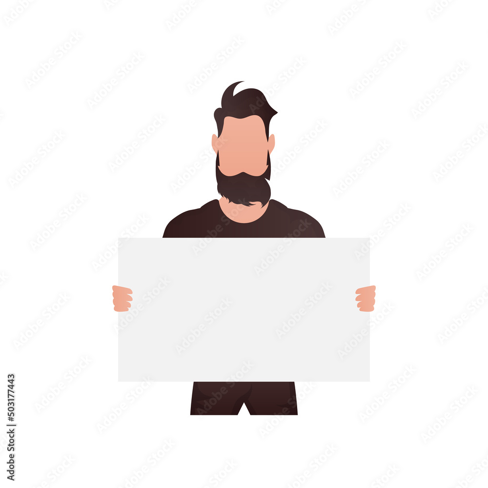 A guy with a strong physique holds an empty space for advertising in his hands. Isolated. Cartoon style. A guy with a strong physique holds an empty space for advertising in his hands. Isolated. Cartoon style.
