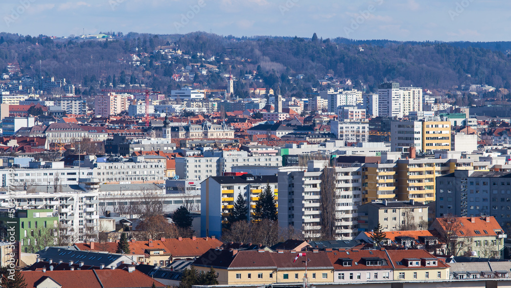 View over the skyline of Graz during Winter