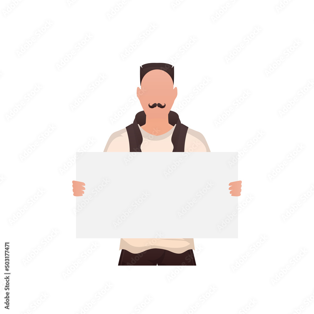 A guy with a strong physique holds an empty sign in his hands. Isolated. Cartoon style. A guy with a strong physique holds an empty sign in his hands. Isolated. Cartoon style.