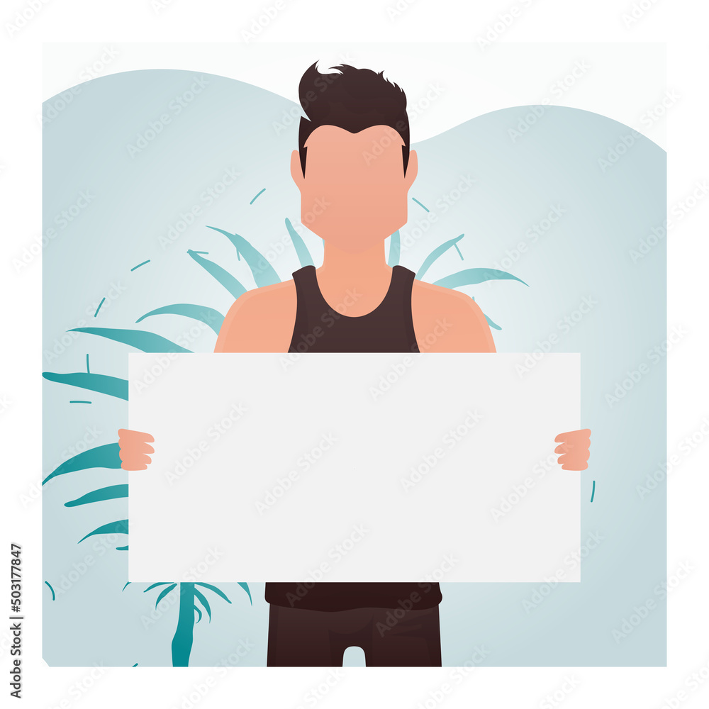 A guy with a strong physique holds a blank sheet in his hands. Rally. Cartoon style. A guy with a strong physique holds a blank sheet in his hands. Rally. Cartoon style.