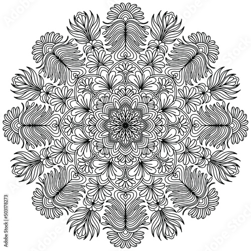 mandala with flowers in folk style and abstract ornaments drawn on a white background for coloring, vector mandala